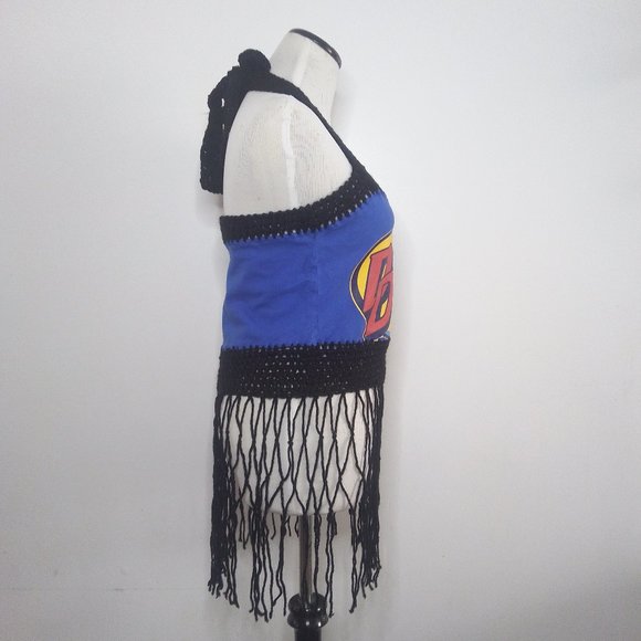 Sexy Boho Handmade DOUBLE DARE Royal Blue Cropped Halter Top w/ Fringes - Picture 2 of 7